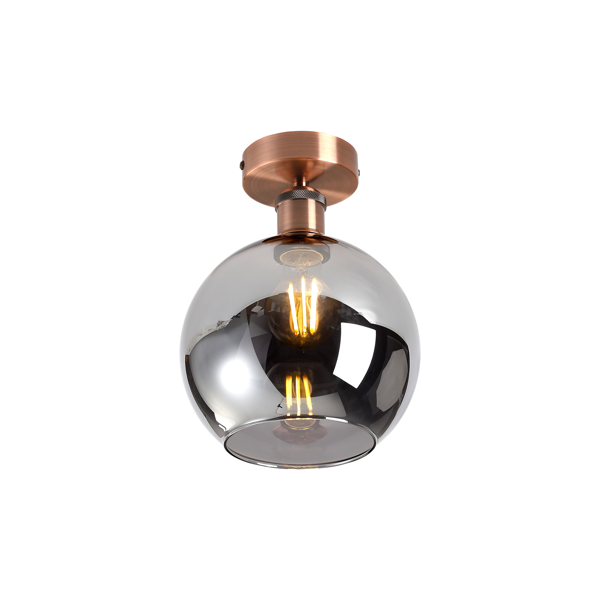 DK1156  Cawdor Flush Fitting, 1 Light E27, Antique Copper/Smoke Globe Glass